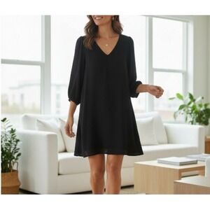 Tibi Black‎ V Neck Balloon Sleeve Shift Dress Capsule Minimalist Career Size 8